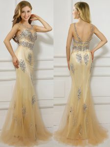 Mermaid Scoop Cap Sleeves Brush Train Backless With Train Beading Homecoming Dress