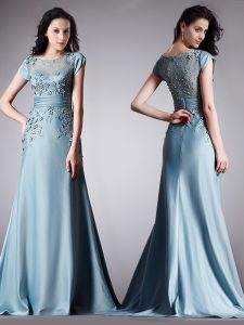 Fashion Scoop Cap Sleeves Mother Of The Bride Dress Floor Length Appliques Light Blue Satin
