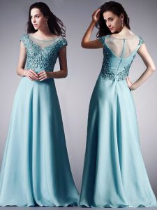 Dazzling Scoop Light Blue Cap Sleeves Chiffon Zipper Mother Of The Bride Dress for Prom