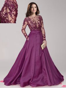 Affordable Scoop Long Sleeves Mother Of The Bride Dress With Brush Train Beading Dark Purple Taffeta