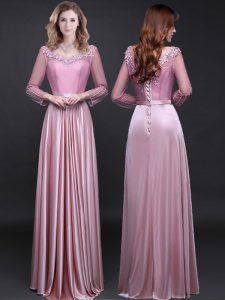 Pink Long Sleeves Floor Length Appliques and Belt Lace Up Mother Of The Bride Dress