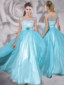 Empire Mother Of The Bride Dress Aqua Blue Bateau Chiffon Cap Sleeves Floor Length Zipper