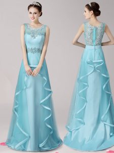 Aqua Blue Mother Of The Bride Dress Prom and Party and For with Appliques and Ruffles Scoop Sleeveless Brush Train Zipper
