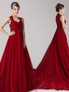 Court Train Empire Evening Dress Wine Red Straps Tulle Sleeveless Side Zipper