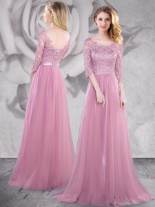 Fabulous Scoop Half Sleeves Mother Of The Bride Dress With Brush Train Lace and Ruching Pink Tulle