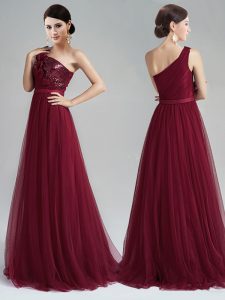 Burgundy Tulle Zipper One Shoulder Sleeveless With Train Prom Dresses Brush Train Appliques and Sequins and Belt