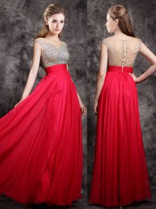 New Style Coral Red Mother Of The Bride Dress Prom and For with Beading V-neck Cap Sleeves Zipper