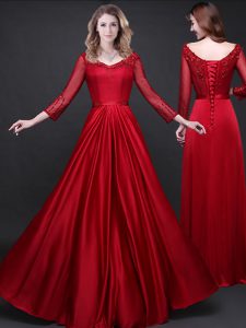 Great Wine Red Lace Up Prom Gown Appliques and Belt Long Sleeves Floor Length