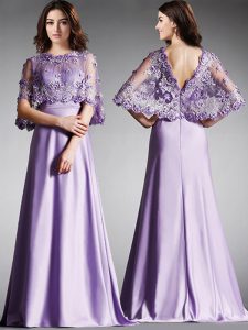 Smart Scoop Half Sleeves Homecoming Dress Floor Length Lace Lavender Satin