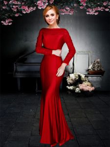 Off the Shoulder Long Sleeves Ankle Length Zipper Prom Dresses Red for Prom with Ruching