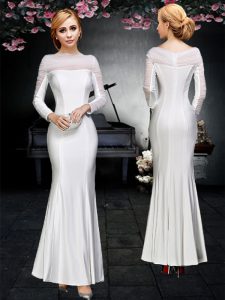Fantastic Off the Shoulder White Long Sleeves Elastic Woven Satin Backless Mother Of The Bride Dress for Prom