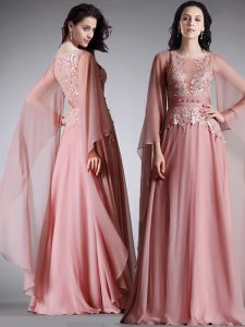 Scoop Floor Length Zipper Mother Of The Bride Dress Pink for Prom with Lace and Belt