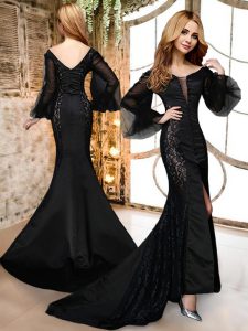 Mermaid Black Long Sleeves Satin and Lace Brush Train Zipper Mother Of The Bride Dress for Prom