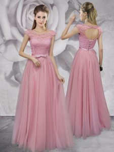 Elegant Scoop Cap Sleeves Lace Up Prom Party Dress Pink Tulle