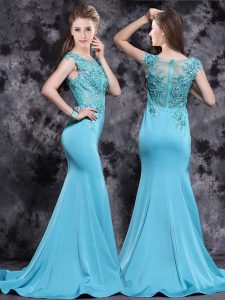 Mermaid Aqua Blue Mother Of The Bride Dress Prom and For with Appliques Scoop Cap Sleeves Brush Train Zipper
