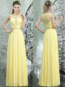 Scoop Sleeveless Mother Of The Bride Dress Floor Length Beading and Lace Yellow Chiffon