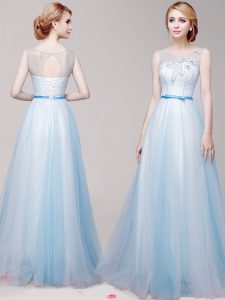 Tulle Scoop Sleeveless Lace Up Appliques and Bowknot Mother Of The Bride Dress in Light Blue