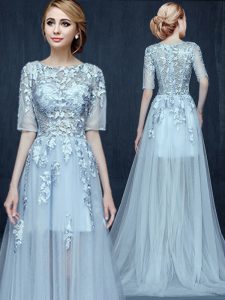New Style Light Blue Scoop Neckline Appliques Mother Of The Bride Dress Half Sleeves Zipper