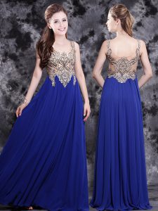 Empire Prom Party Dress Royal Blue Scoop Chiffon Sleeveless Floor Length Side Zipper
