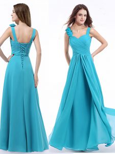 Amazing Aqua Blue Lace Up Straps Ruching Prom Party Dress Chiffon Sleeveless