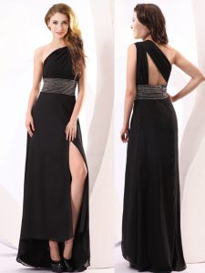 Cute Black Empire Chiffon One Shoulder Sleeveless Beading Floor Length Backless Prom Dress