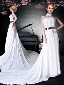 Dynamic Halter Top With Train Empire Sleeveless White Mother Of The Bride Dress Court Train Backless