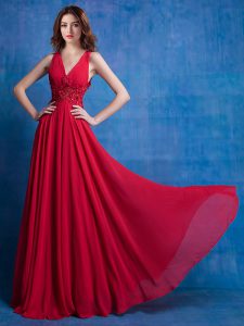 Ideal Empire Mother Of The Bride Dress Red V-neck Chiffon Sleeveless Floor Length Backless