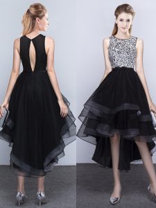 Backless Scoop Sleeveless Mother Of The Bride Dress High Low Beading Black Tulle