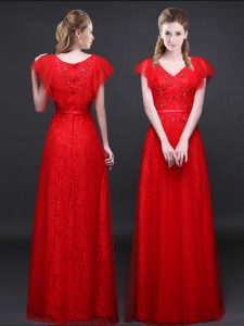Custom Design Lace Short Sleeves Floor Length Appliques and Belt Zipper Dress for Prom with Red
