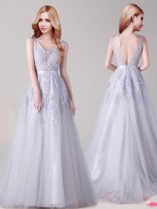 Hot Selling Sleeveless Appliques and Belt Backless Mother Of The Bride Dress