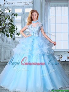 Admirable SeeThrough Short Sleeves Lace Up Floor Length Appliques and Ruffled Layers Quince Ball Gowns
