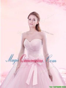 Sweetheart Sleeveless Brush Train Lace Up Quinceanera Dress Baby Pink Tulle