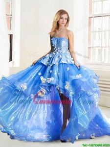 Custom Fit Strapless Sleeveless Organza Quince Ball Gowns Appliques Lace Up
