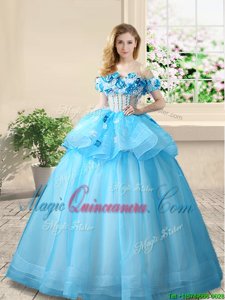 Smart Off the Shoulder Sleeveless Lace Up Floor Length Beading and Appliques 15th Birthday Dress