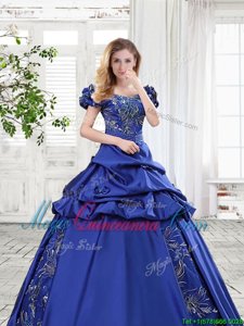 Delicate Off the Shoulder Appliques and Pick Ups and Bowknot Sweet 16 Dresses Royal Blue Lace Up Cap Sleeves Floor Length