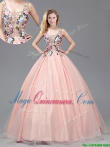 Shining Straps Straps See Through Sleeveless Tulle Floor Length Criss Cross Sweet 16 Dress in Baby Pink for with Appliques