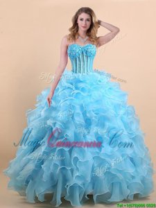 Best Light Blue Sweetheart Neckline Appliques and Ruffles Ball Gown Prom Dress Sleeveless Lace Up