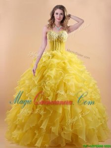 Yellow Lace Up Sweetheart Appliques and Ruffles 15 Quinceanera Dress Organza Sleeveless