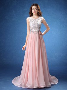 Suitable Scoop Sleeveless With Train Lace and Appliques and Belt Zipper Dress for Prom with Baby Pink Brush Train