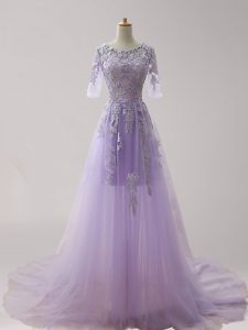 Charming Scoop Lavender Half Sleeves Brush Train Appliques With Train Prom Gown