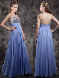 Lavender Chiffon Zipper V-neck Sleeveless Floor Length Mother Of The Bride Dress Beading and Sequins