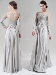 Attractive Scoop Beading and Lace Mother Of The Bride Dress Silver Zipper Long Sleeves Floor Length