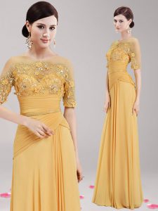 Scoop Half Sleeves Zipper Mother Of The Bride Dress Gold Chiffon