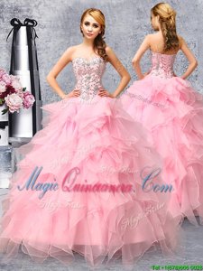 Rose Pink Lace Up Quince Ball Gowns Beading and Ruffles Sleeveless Floor Length