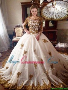 Scoop White Ball Gowns Appliques Vestidos de Quinceanera Zipper Tulle Long Sleeves With Train