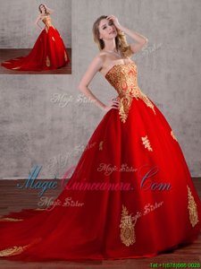 Attractive Red Strapless Neckline Appliques Quinceanera Dresses Sleeveless Lace Up
