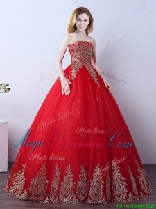 Cute Red 15th Birthday Dress Military Ball and Sweet 16 and Quinceanera and For with Appliques and Sequins Strapless Sleeveless Lace Up