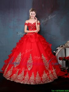 Graceful Off the Shoulder Red Ball Gowns Beading and Appliques and Ruffles Quinceanera Gowns Lace Up Tulle Sleeveless Floor Length