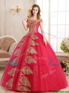 Off the Shoulder Red Lace Up Sweet 16 Dresses Appliques and Sequins Sleeveless Floor Length