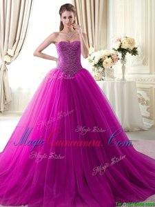 Fuchsia Lace Up Sweetheart Beading 15th Birthday Dress Tulle Sleeveless Brush Train